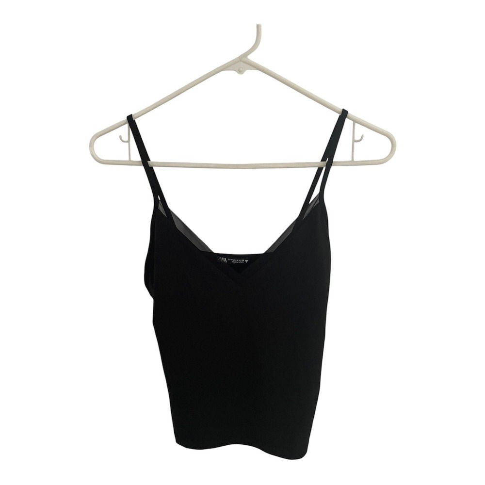 Zara Womens Black Mesh Trim V-Neck Adjustable Spaghetti Strap Camisole Top M